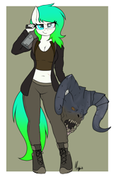 Size: 1753x2716 | Tagged: safe, artist:ponynamedmixtape, derpibooru exclusive, derpibooru import, oc, oc only, oc:gumdrop, anthro, belly button, deathclaw, fallout, female, gun, injured, midriff, solo, weapon