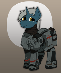 Size: 1652x1971 | Tagged: safe, artist:owslafa, derpibooru exclusive, derpibooru import, oc, oc:cormorant, unicorn, fallout equestria, armor, female, power armor, solo, steel ranger