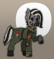 Size: 1675x1836 | Tagged: safe, artist:owslafa, derpibooru exclusive, derpibooru import, oc, oc:wema, ghoul, undead, zebra, fallout equestria, clothes, female, jumpsuit, military uniform, solo, uniform