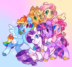 Size: 2048x1896 | Tagged: safe, artist:cocopudu, derpibooru import, applejack, fluttershy, pinkie pie, rainbow dash, rarity, twilight sparkle, twilight sparkle (alicorn), alicorn, earth pony, pegasus, pony, unicorn, beanbrows, cloven hooves, colored pupils, eyebrows, eyebrows visible through hair, female, gradient background, hug, looking at you, mane six, mare, open mouth, open smile, smiling, smiling at you