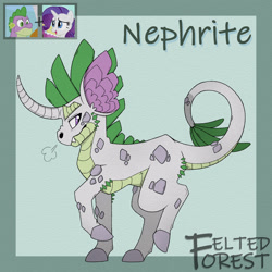 Size: 2050x2050 | Tagged: safe, artist:feltedforestart, derpibooru import, rarity, spike, oc, oc:nephrite, dracony, hybrid, pony, unicorn, curved horn, female, high res, horn, interspecies offspring, long horn, male, offspring, older, older spike, parent:rarity, parent:spike, parents:sparity, screencap reference, shipping, signature, solo, sparity, straight