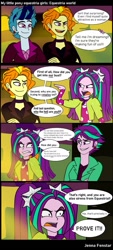 Size: 589x1306 | Tagged: safe, artist:jenna56, derpibooru import, adagio dazzle, allegro amoroso, aria blaze, ouvertis grandioso, scherzo lesto, sonata dusk, comic:equestria world (jenna56), equestria girls, g4, 4 panel comic, angry, clothes, comic, dialogue, equestria guys, female, jewelry, male, rule 63, the blindings, the dazzlings, trio, trio male