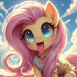 Size: 4096x4096 | Tagged: safe, ai content, derpibooru import, generator:bing image creator, generator:dall-e 3, machine learning generated, fluttershy, pegasus, pony, g4, absurd resolution, choker, clothes, cute, female, mare, open mouth, prompt in description, prompter:enterusxrname, shirt, shyabetes, sky, solo, tongue, tongue out, upscaled