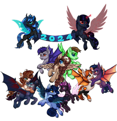 Size: 2505x2586 | Tagged: safe, artist:ondrea, derpibooru import, oc, oc only, oc:bea, oc:land crafter, oc:nightzeroni, oc:ondrea, oc:phoenix, oc:thunder run, oc:tundra, oc:vortex, pegasus, pony, 2024, 2024 community collab, banner, derpibooru community collaboration, flying, group, high res, simple background, transparent background