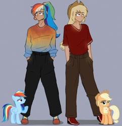 Size: 1080x1121 | Tagged: safe, artist:xram.vk, derpibooru import, applejack, rainbow dash, human, humanized, purple background, simple background