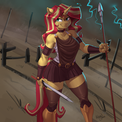 Size: 900x900 | Tagged: safe, artist:kevinsano, derpibooru import, sunset shimmer, anthro, unicorn, g4, armor, big breasts, breasts, clothes, female, lightning, mare, skirt, smiling, smirk, solo, spear, sunset jiggler, sword, weapon