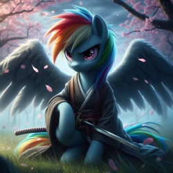 Size: 1024x1024 | Tagged: safe, ai content, derpibooru import, generator:bing image creator, machine learning generated, rainbow dash, pegasus, pony, cherry blossoms, female, flower, flower blossom, grass, katana, mare, outdoors, prompter:6dpegasus, samurai, solo, spread wings, sword, weapon, wings