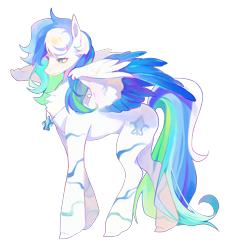 Size: 2016x2219 | Tagged: artist needed, safe, derpibooru import, oc, oc only, oc:dashwhite, pegasus, pony, body markings, chest fluff, jewelry, multicolored hair, necklace, rainbow hair, simple background, solo, spread wings, transparent background, wings