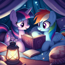 Size: 1024x1024 | Tagged: safe, ai content, derpibooru import, generator:dall-e 3, machine learning generated, rainbow dash, twilight sparkle, twilight sparkle (alicorn), alicorn, pegasus, pony, g4, blanket, book, cute, duo, duo female, female, indoors, lantern, lesbian, lying down, mare, open mouth, open smile, pillow, pillow fort, prompter:tyto4tme4l, reading, shipping, smiling, twidash