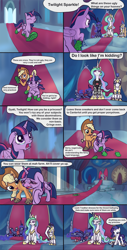 Size: 1920x3786 | Tagged: safe, artist:ciborgen, derpibooru import, applejack, princess celestia, princess luna, rarity, twilight sparkle, twilight sparkle (alicorn), alicorn, earth pony, pony, unicorn, canterlot throne room, clothes, consoling, crocs, crying, dialogue, disguise, drip, eating, female, food, high res, jacket, mare, meme, popcorn, royal guard, sad, speech bubble, trollestia, twilight crockle