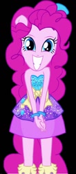 Size: 594x1346 | Tagged: safe, artist:petrmhd, derpibooru import, pinkie pie, human, equestria girls, g4, bare shoulders, black background, clothes, dress, ponied up, pony ears, simple background, sleeveless, smiling, solo, strapless