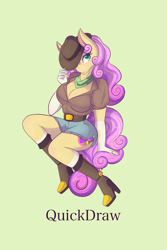 Size: 1365x2048 | Tagged: safe, artist:mscolorsplash, derpibooru import, oc, oc only, oc:quickdraw, anthro, earth pony, boob freckles, boots, breasts, busty oc, chest freckles, cleavage, clothes, commission, cowboy hat, denim, denim skirt, female, freckles, green background, hat, high heel boots, looking at you, mare, shoes, simple background, skirt, solo, spurs