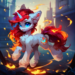 Size: 4096x4096 | Tagged: safe, ai content, derpibooru import, generator:purplesmart.ai, generator:stable diffusion, machine learning generated, oc, oc only, oc:feisty fire, pony, unicorn, big ears, blushing, butt fluff, chest fluff, ear fluff, ears, female, fire, fluffy, horn, looking at you, looking back, looking back at you, mane of fire, mare, prompter:aeroliger, solo, unshorn fetlocks