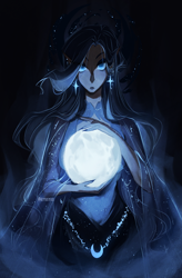 Size: 2410x3683 | Tagged: safe, artist:iheyyasyfox, derpibooru import, princess luna, human, clothes, dress, elf ears, female, full moon, high res, humanized, looking at you, moon, signature, slit eyes, solo, tangible heavenly object