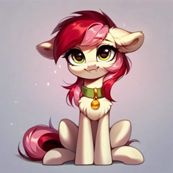 Size: 4096x4096 | Tagged: safe, ai content, derpibooru import, generator:purplesmart.ai, generator:stable diffusion, machine learning generated, roseluck, pony, collar, cute, cute little fangs, fangs, fluffy, pet tag, pony pet, prompter:doom9454, rosepet, sitting, solo