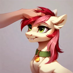 Size: 4096x4096 | Tagged: safe, ai content, derpibooru import, generator:purplesmart.ai, generator:stable diffusion, machine learning generated, roseluck, human, pony, behaving like a cat, bust, collar, cute, cute little fangs, fangs, fluffy, hand, human on pony petting, offscreen character, offscreen human, pet tag, petting, pony pet, portrait, prompter:doom9454, rosepet