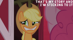 Size: 1920x1078 | Tagged: safe, derpibooru import, edit, edited screencap, editor:quoterific, screencap, applejack, pinkie pie, party of one, bad poker face, barn