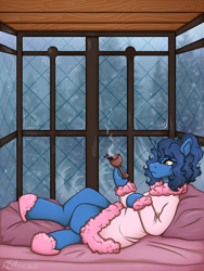 Size: 1620x2160 | Tagged: safe, artist:jjsh, derpibooru import, oc, oc only, pony, unicorn, alcohol, bed, blue hair, blue mane, blue skin, bored, clothes, cozy, depressed, female, frost, glass, hoof hold, horn, looking at something, lying down, lying on bed, mare, on back, on bed, robe, sad, shoes, slippers, solo, underhoof, wind, window, wine, wine glass, winter