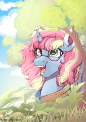 Size: 2480x3508 | Tagged: safe, artist:jjsh, derpibooru import, oc, oc only, pony, unicorn, bush, clothes, cloud, ear fluff, ears, female, glasses, grass, heterochromia, high res, hoodie, horn, leaves, light skin, looking forward, looking up, mare, multicolored hair, multicolored mane, nature, pink hair, pink mane, sky, solo, sweater, tree