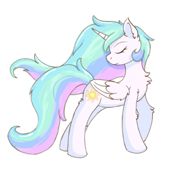 Size: 647x665 | Tagged: safe, artist:infinaitly, derpibooru import, princess celestia, alicorn, pony, g4, chest fluff, eyes closed, female, fluffy, full body, loose hair, mare, missing accessory, simple background, solo, white background