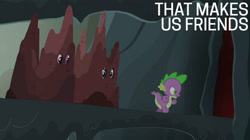 Size: 2000x1123 | Tagged: safe, derpibooru import, edit, edited screencap, editor:quoterific, screencap, rarity, spike, twilight sparkle, twilight sparkle (alicorn), alicorn, gauntlet of fire, disguise, rock costume