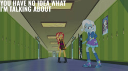 Size: 1920x1078 | Tagged: safe, derpibooru import, edit, edited screencap, editor:quoterific, screencap, sunset shimmer, trixie, better together, equestria girls, forgotten friendship, lockers