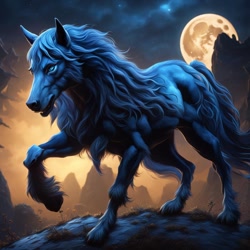 Size: 1024x1024 | Tagged: safe, ai content, derpibooru import, machine learning generated, oc, oc only, oc:blue swirl, earth pony, pony, werewolf, wolf, wolf pony, blue fur, blue mane, blue tail, earth pony oc, fanfic art, highly detailed, male, male oc, moon, solo, tail, the quality of ai art is frightening, were-pony