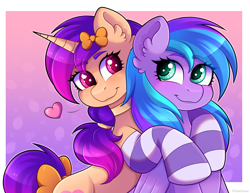 Size: 4200x3248 | Tagged: safe, artist:madelinne, derpibooru import, oc, oc only, oc:nikita dash, pegasus, unicorn, blushing, bow, clothes, duo, female, horn, hug, mare, pegasus oc, smiling, socks, striped socks, unicorn oc