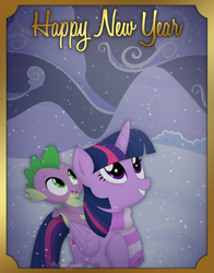 Size: 1568x2000 | Tagged: safe, artist:lovinglypromise, derpibooru import, spike, twilight sparkle, twilight sparkle (alicorn), alicorn, dragon, pony, clothes, dragons riding ponies, happy new year 2024, riding, scarf, snow