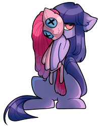 Size: 744x949 | Tagged: safe, artist:minty--fresh, derpibooru import, pinkie pie, oc, oc:cosmia nebula, pony, 2024 community collab, derpibooru community collaboration, ear fluff, ears, female, hiding face, pinkamena diane pie, plushie, simple background, solo, solo female, transparent background