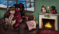 Size: 2398x1414 | Tagged: safe, artist:yumomochan, derpibooru import, oc, oc only, earth pony, pony, blanket, blushing, candle, chest fluff, commission, ear fluff, ears, earth pony oc, female, fire, fireplace, hug, indoors, mare, oc x oc, plushie, shipping, sitting, smiling, snow, sofa, window, winter