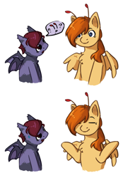 Size: 1968x2828 | Tagged: safe, artist:ju4111a, derpibooru import, oc, oc only, oc:svatya, oc:vet, bat, bat pony, pegasus, antennae, bat pony oc, bat wings, colored wings, comic, dialogue, dialogue box, doodle, duo, duo male, feathered wings, looking at someone, male, pegasus oc, shrug, simple background, smiling, smiling at someone, spread wings, white background, wings