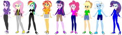 Size: 3960x1156 | Tagged: safe, artist:tylerajohnson352, color edit, derpibooru import, edit, applejack, fluttershy, pinkie pie, rainbow dash, rarity, starlight glimmer, sunset shimmer, twilight sparkle, human, equestria girls, clothes, colored, converse, female, humane five, humane seven, humane six, shoes, simple background, transparent background, vector