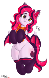 Size: 4706x7436 | Tagged: safe, artist:cdrspark, artist:pabbley, color edit, derpibooru import, edit, editor:cdrspark, oc, oc only, oc:arrhythmia, bat pony, pony, absurd resolution, bat pony oc, bedroom eyes, belly button, butt blush, clothes, colored, eyeshadow, fangs, female, floating heart, heart, hooves to the chest, makeup, scarf, simple background, socks, solo, white background, wings