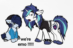 Size: 2682x1776 | Tagged: safe, alternate version, artist:sweetpea-and-friends, derpibooru import, shining armor, soarin', pegasus, pony, unicorn, g4, alternate character, alternate hairstyle, beanie, clothes, ear piercing, emo, face paint, hat, lip piercing, makeup, meme, piercing, spiked wristband, we're emo, wrist cuffs, wristband