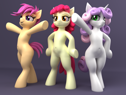 Size: 2000x1500 | Tagged: safe, artist:argos90, derpibooru import, apple bloom, scootaloo, sweetie belle, earth pony, pegasus, pony, semi-anthro, unicorn, 3d, 3d model, belly, belly button, bipedal, blank flank, cutie mark crusaders, featureless crotch, female, hooves on hips, mare, pose, round belly, underhoof