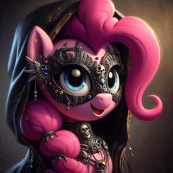 Size: 1024x1024 | Tagged: safe, ai content, derpibooru import, generator:dall-e 3, machine learning generated, pinkie pie, earth pony, pony, g4, adoracreepy, bust, clothes, creepy, cute, detailed, ear piercing, earring, female, gem, hairclip, hood, hooded cape, jewelry, mare, mask, necklace, necromancer, open mouth, open smile, piercing, prompter needed, skull, smiling, solo