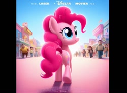 Size: 1402x1024 | Tagged: safe, ai content, derpibooru import, generator:dall-e 3, machine learning generated, pinkie pie, earth pony, human, pony, balloonbutt, butt, disney, female, looking back, mare, poster, prompter:pinkiepiepics, rear view, solo