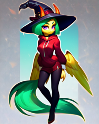 Size: 640x800 | Tagged: safe, ai content, derpibooru import, generator:pony diffusion v5, generator:stable diffusion, machine learning generated, oc, oc only, anthro, anthro oc, breasts, clothes, cute, female, green mane, green tail, hat, hoodie, horns, mare, prompter:twinky, purple eyes, solo, tail, wings, witch, witch hat, yellow body