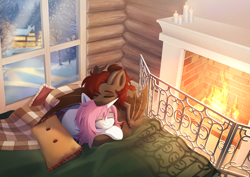 Size: 3508x2480 | Tagged: safe, artist:glumarkoj, derpibooru import, oc, oc only, oc:bubblegum kiss, oc:whiskey dreams, bed, blanket, cuddling, fire, fireplace, high res, pillow, snow, snowfall, tree, window