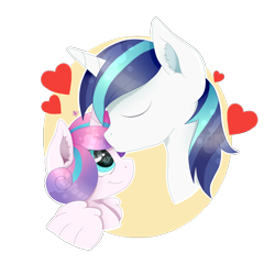 Size: 1600x1600 | Tagged: safe, artist:kathepart, derpibooru import, princess flurry heart, shining armor, alicorn, pony, unicorn, bust, cute, eyes closed, father and child, father and daughter, female, filly, floating heart, flurrybetes, foal, forehead kiss, heart, kissing, male, parent and child, simple background, smiling, stallion, transparent background