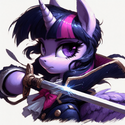 Size: 2048x2048 | Tagged: safe, ai content, derpibooru import, generator:bing image creator, machine learning generated, twilight sparkle, alicorn, pony, clothes, high res, prompter:krivovyaz, simple background, solo, sword, weapon, white background