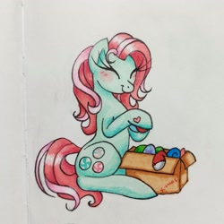 Size: 2047x2048 | Tagged: safe, artist:mintytreble, derpibooru import, minty, earth pony, pony, a very minty christmas, g3, box, christmas, high res, holiday, simple background, solo, traditional art, white background