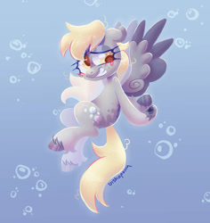 Size: 868x920 | Tagged: safe, artist:bishopony, derpibooru import, derpy hooves, pegasus, pony, blush scribble, blushing, bubble, cute, derpabetes, ears, floppy ears, gradient background, grin, hooves behind back, looking back, nervous, nervous smile, signature, smiling, solo, spread wings, unshorn fetlocks, wings