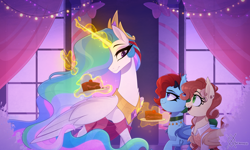 Size: 2500x1500 | Tagged: safe, alternate version, artist:thewandie, derpibooru import, princess celestia, oc, oc:jingle belle jangle, oc:jingle belle rock, alicorn, bat pony, pony, g4, alternate hairstyle, bat pony oc, boots, bow, cake, choker, christmas, christmas lights, clothes, coat, commission, concave belly, cowboy boots, crown, curtains, dress, duo, ear piercing, earring, eating, ethereal mane, ethereal tail, fangs, female, folded wings, food, glowing, glowing horn, hair bow, height difference, holiday, horn, jewelry, large wings, long horn, long mane, long tail, looking at each other, looking at someone, magic, mare, nose piercing, open mouth, peytral, physique difference, piercing, plate, regalia, shirt, shoes, siblings, sisters, size difference, slender, socks, spoon, striped socks, tail, tattoo, thin, trio, twins, wall of tags, wings, ych result