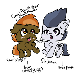 Size: 1568x1538 | Tagged: safe, artist:sweetsterty, derpibooru import, button mash, rumble, earth pony, pegasus, annoyed, blushing, cheek fluff, chest fluff, colt, dialogue, duo, duo male, ear fluff, ears, foal, gay, male, ship:rumblemash, shipping, simple background, talking, vulgar, white background