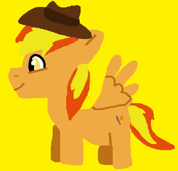 Size: 382x368 | Tagged: safe, artist:jadeharmony, derpibooru import, oc, oc only, oc:firey ratchet, pegasus, pony, fedora, hat, male, simple background, smiling, solo, yellow background