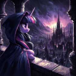 Size: 1024x1024 | Tagged: safe, ai content, derpibooru import, generator:dall-e 3, machine learning generated, twilight sparkle, pony, g4, balcony, castle, city, cloak, clothes, female, hood, horizon, mare, melancholy, painting, prompter:montaraz13, solo, watching