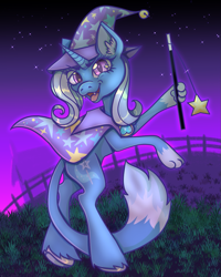 Size: 993x1240 | Tagged: safe, artist:sainthorse, derpibooru import, trixie, cat, pony, unicorn, g4, cape, clothes, ear fluff, ears, fangs, fence, grass, hat, looking at you, night, open clothes, open shirt, outdoors, paw pads, paws, shirt, slit eyes, solo, species swap, starry eyes, starry night, tail, trixie's cape, trixie's hat, underpaw, wand, wingding eyes
