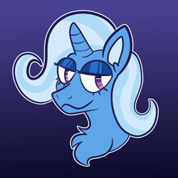 Size: 1000x1000 | Tagged: safe, artist:peribot, derpibooru import, trixie, pony, unicorn, g4, :3, blue background, bust, chest fluff, female, gradient background, lidded eyes, looking at you, mare, portrait, simple background, smiling, solo